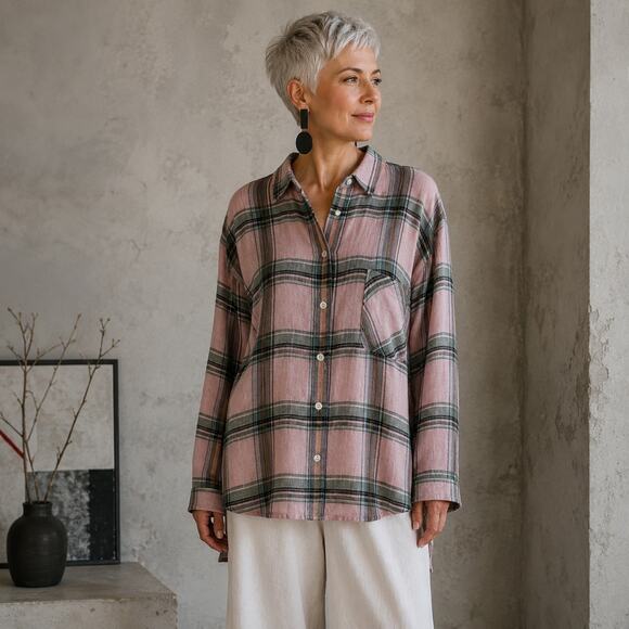 J. Jill Tops - J Jill Pink Gray Plaid Long Sleeve Button Down Shirt Medium